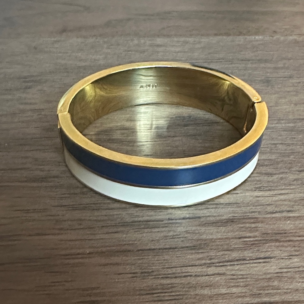 J.Crew Gold Bangle with Navy and Ivory Enamel, Hinged Bracelet